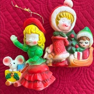 Vintage blow mold made in Japan Christmas ornament set Girl puppy 3D plastic